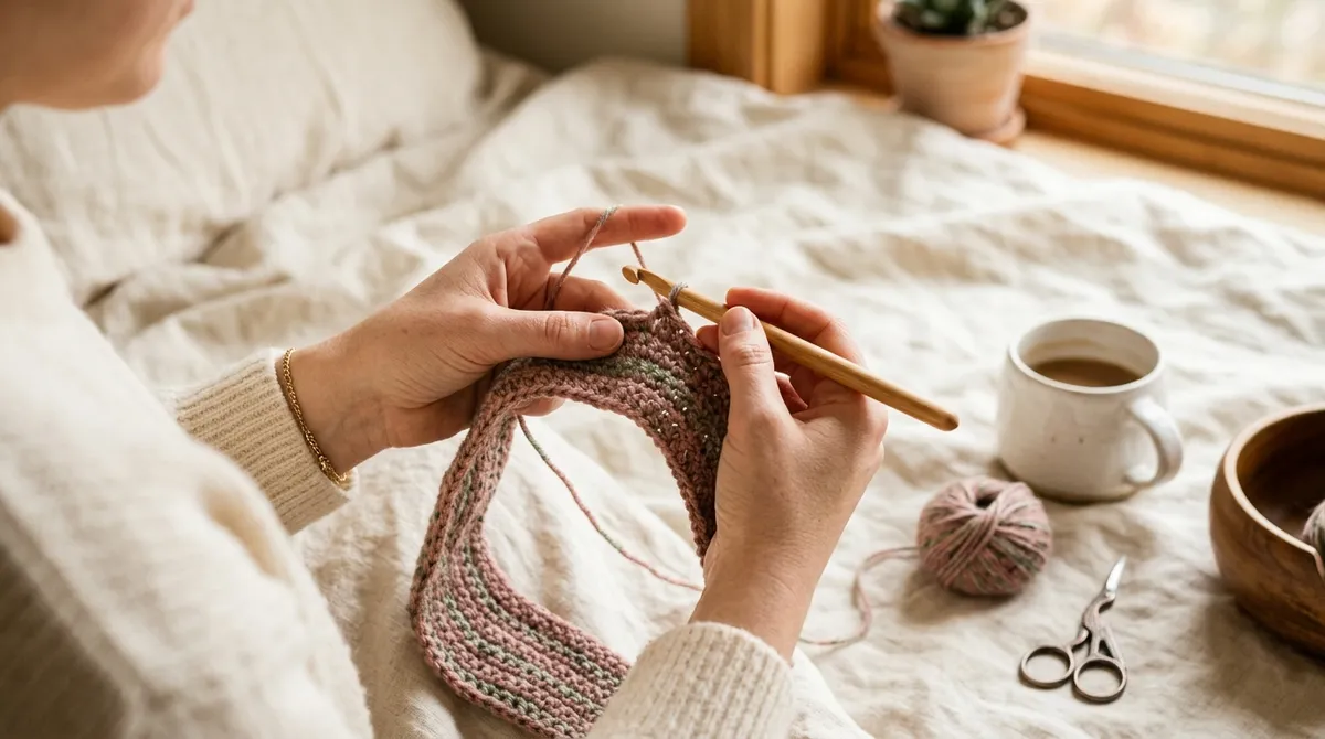 Hands gently crocheting with wooden crochet hook, soft dusty rose yarn, and cozy linen background